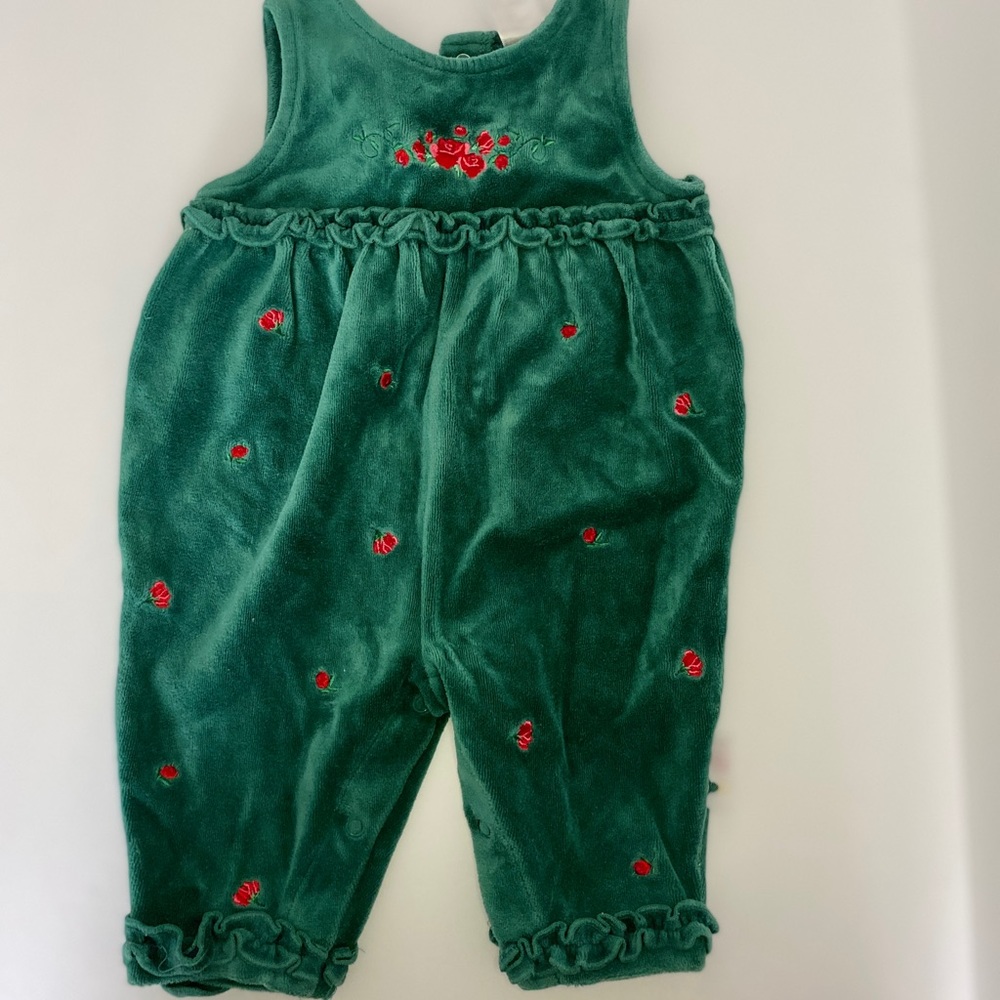 Green Velvet Overalls w/ Rose Details (? months)